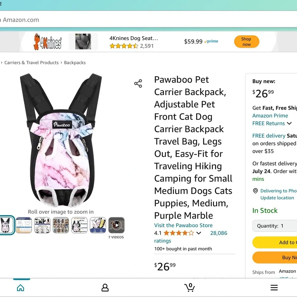 ‘Pawaboo’ Front or Back Pet Carrier Backpack (#7)